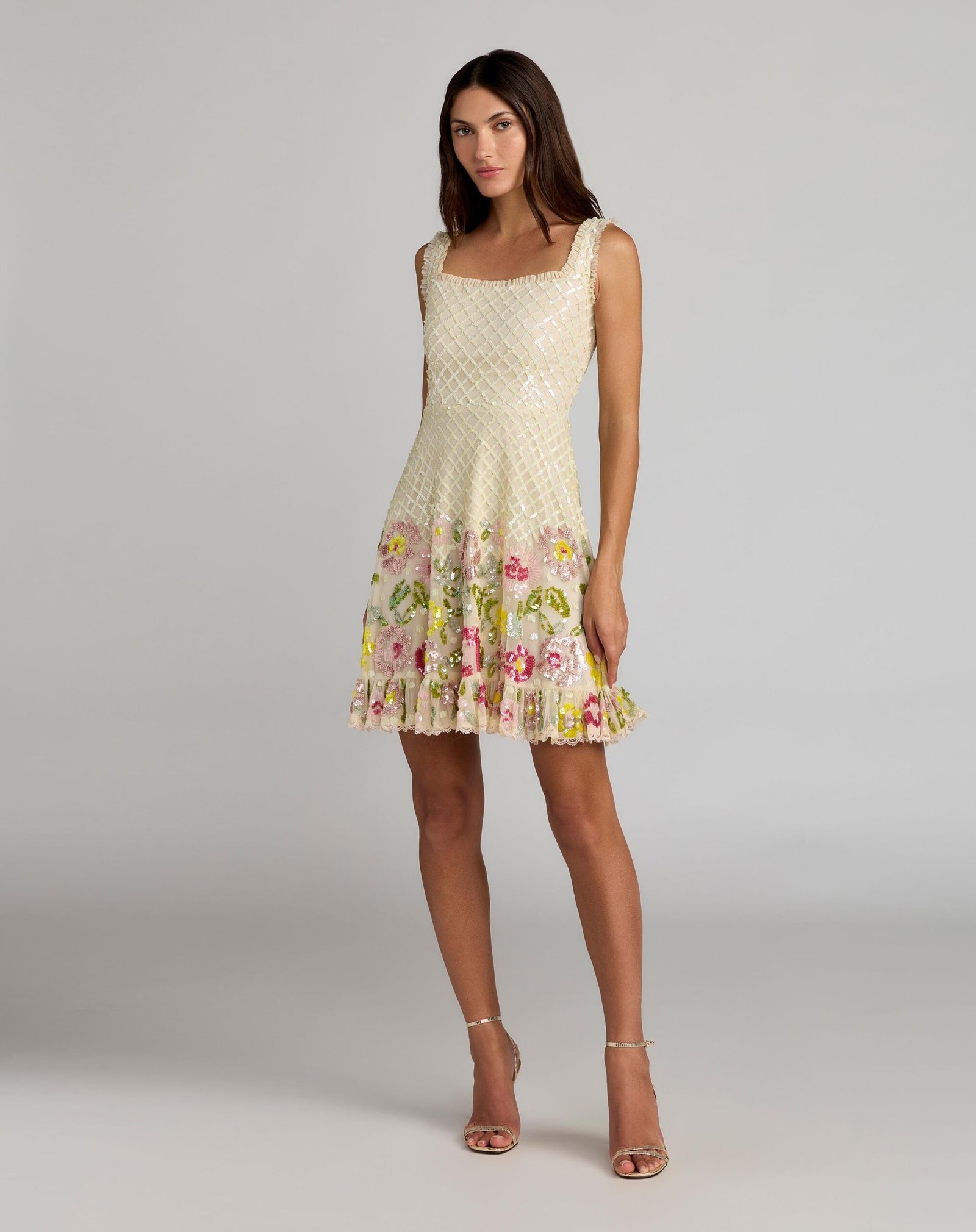 Ivory Floral Sequin Square Neck Mini Dress
