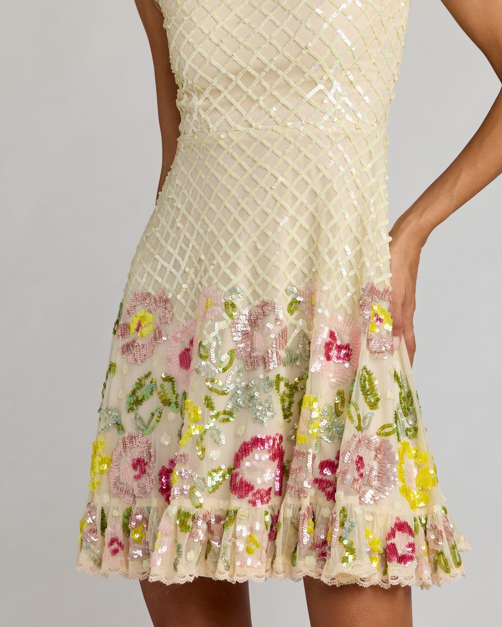 Ivory Floral Sequin Square Neck Mini Dress Mac Duggal