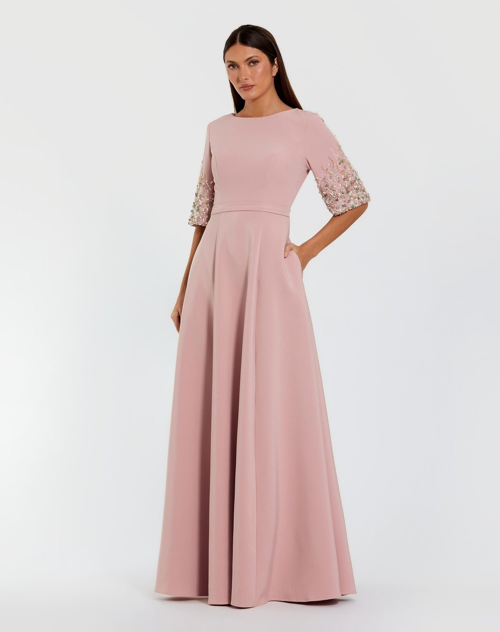Pink Crepe Gown With Embellished 3/4 Sleeves