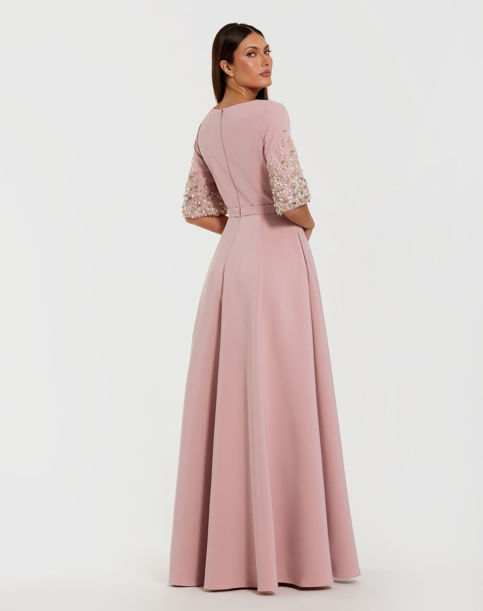 Pink Crepe Gown With Embellished 3/4 Sleeves - Mac Duggal
