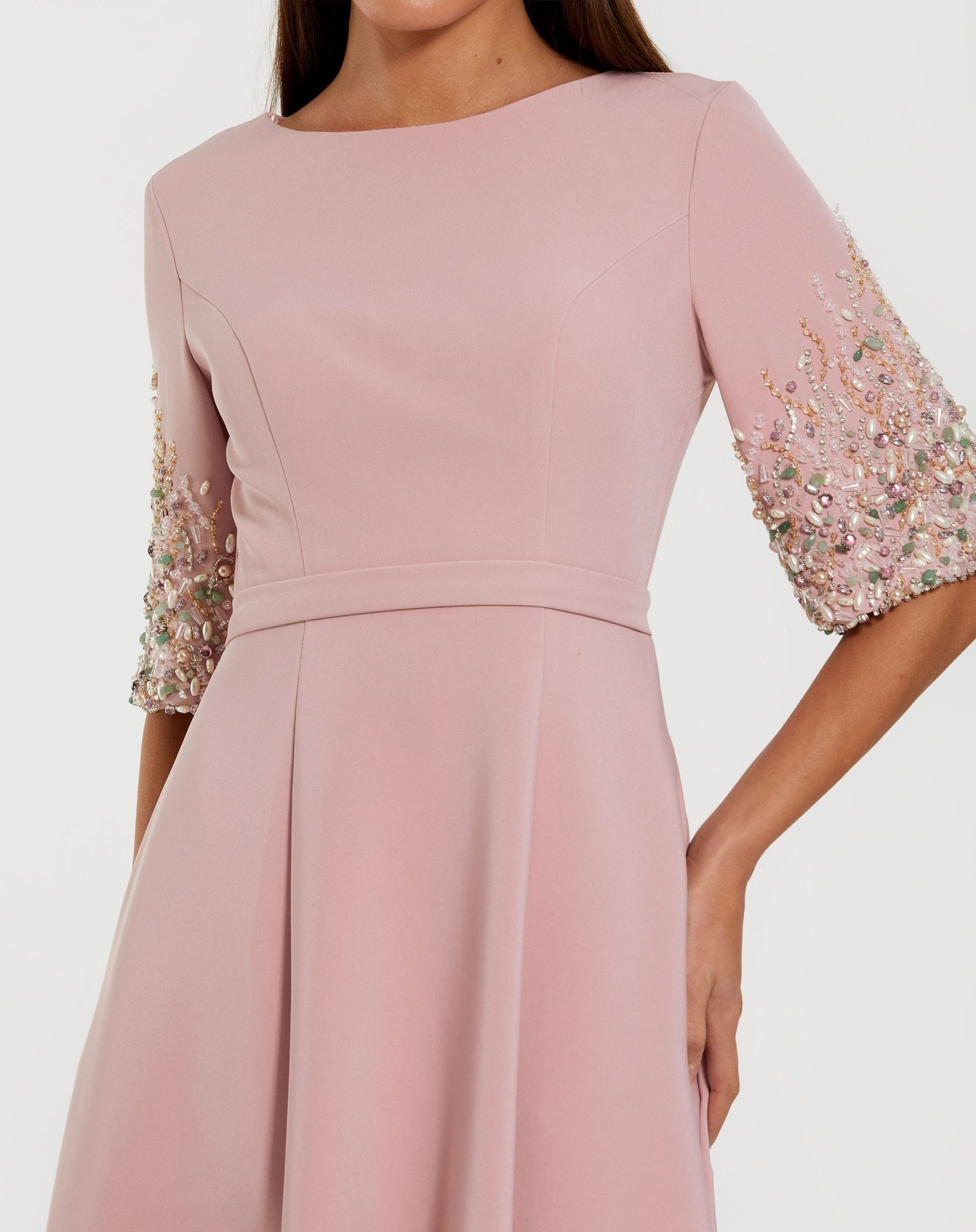 Pink Crepe Gown With Embellished 3/4 Sleeves - Mac Duggal