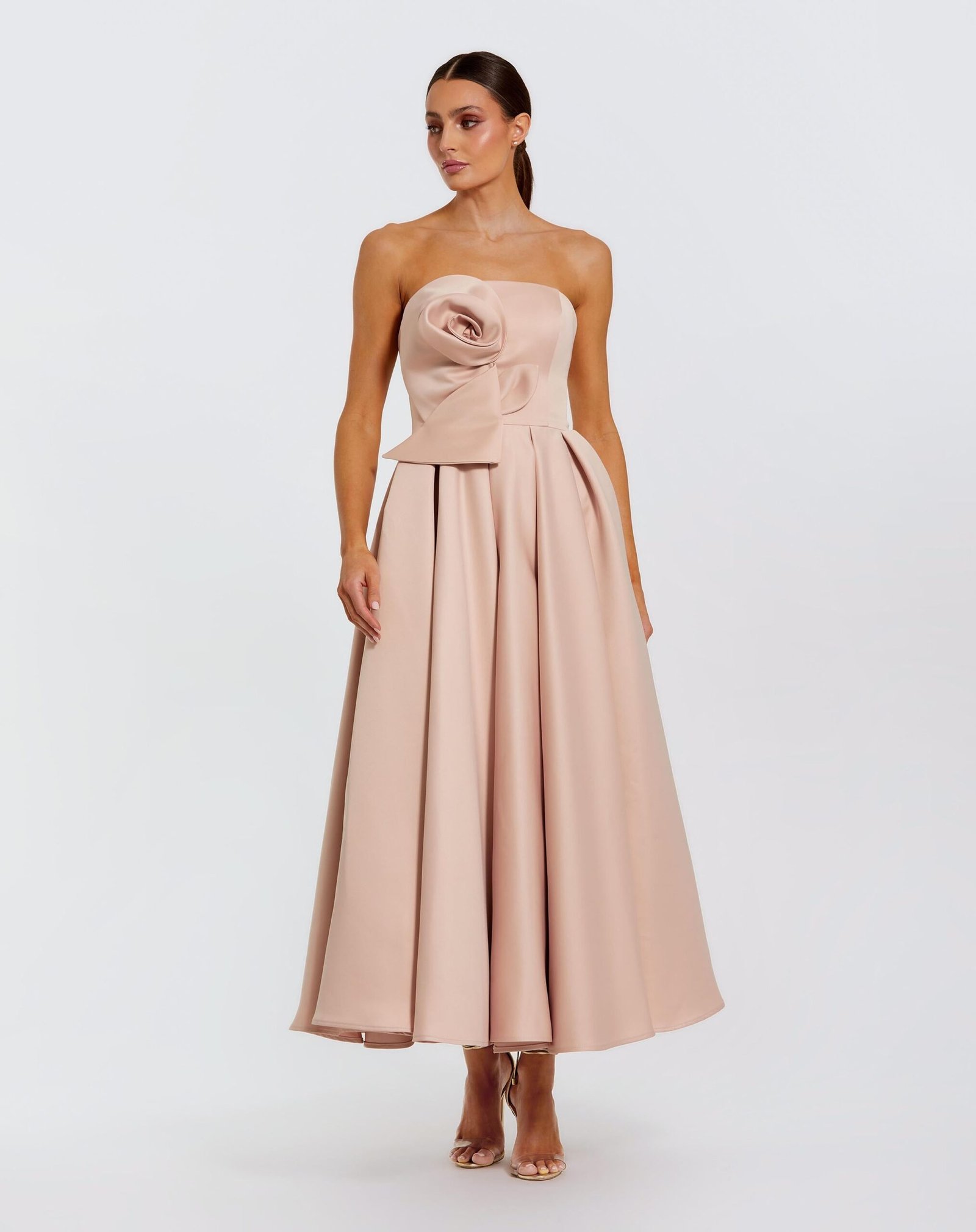 Pink Strapless Satin A Line Midi Dress With 3D Flower