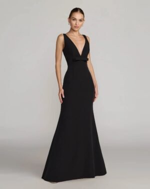 Black Crepe V-Neck Mermaid Gown with Bow Ieena for Mac Duggal