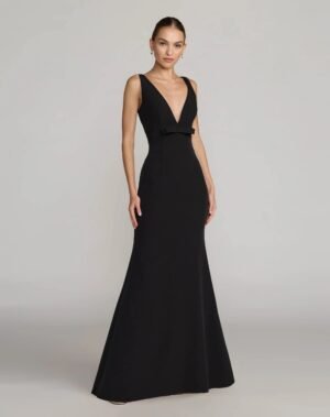 Black Sleeveless V Neck Mermaid Gown With Bow
