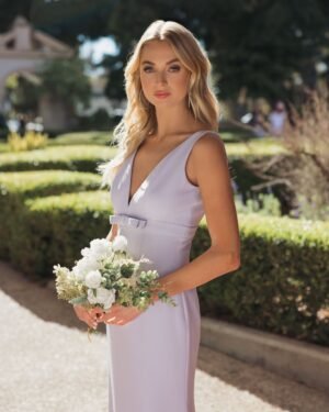 Purple Sleeveless V Neck Mermaid Gown with Bow - Ieena for Mac Duggal