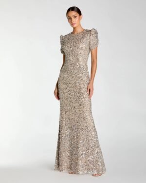 Beige Sequin Trumpet Gown with Puff Sleeves Mac Duggal
