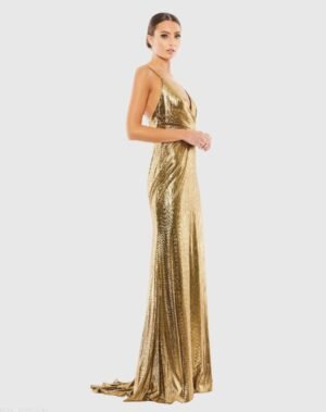 Gold Metallic Faux Wrap Spaghetti Strap Gown - Ieena for Mac Duggal