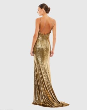 Gold Metallic Faux Wrap Spaghetti Strap Gown - Ieena for Mac Duggal