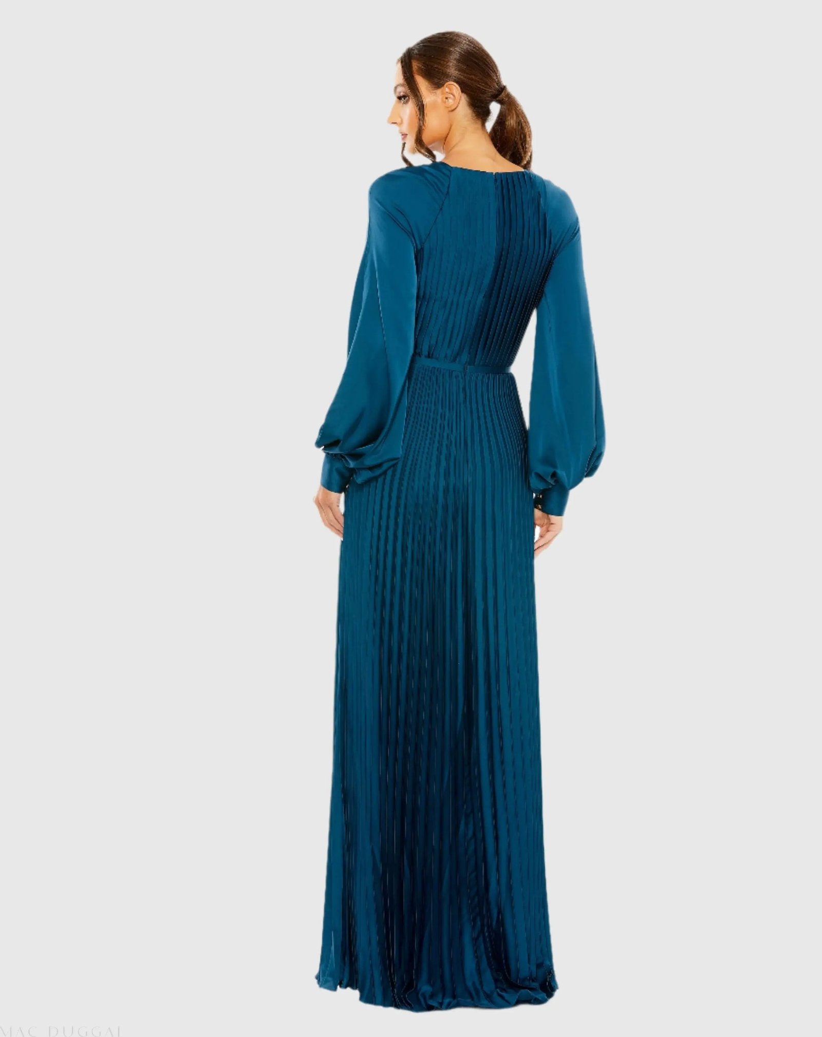 Blue Pleated High Neck Raglan Long Sleeve Side Slit Gown - Ieena for Mac Duggal