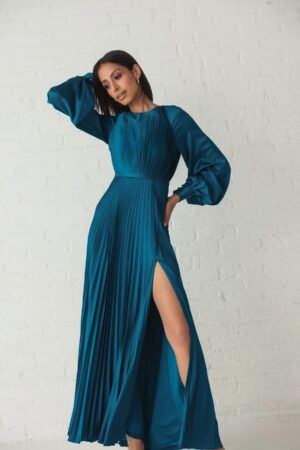 Blue Pleated High Neck Raglan Long Sleeve Side Slit Gown - Ieena for Mac Duggal