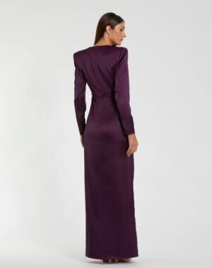 Dark Purple Long Sleeve Structured Bow Draped Column Gown - Ieena for Mac Duggal