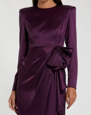 Purple Long Sleeve Structured Bow Draped Column Gown Ieena for Mac Duggal