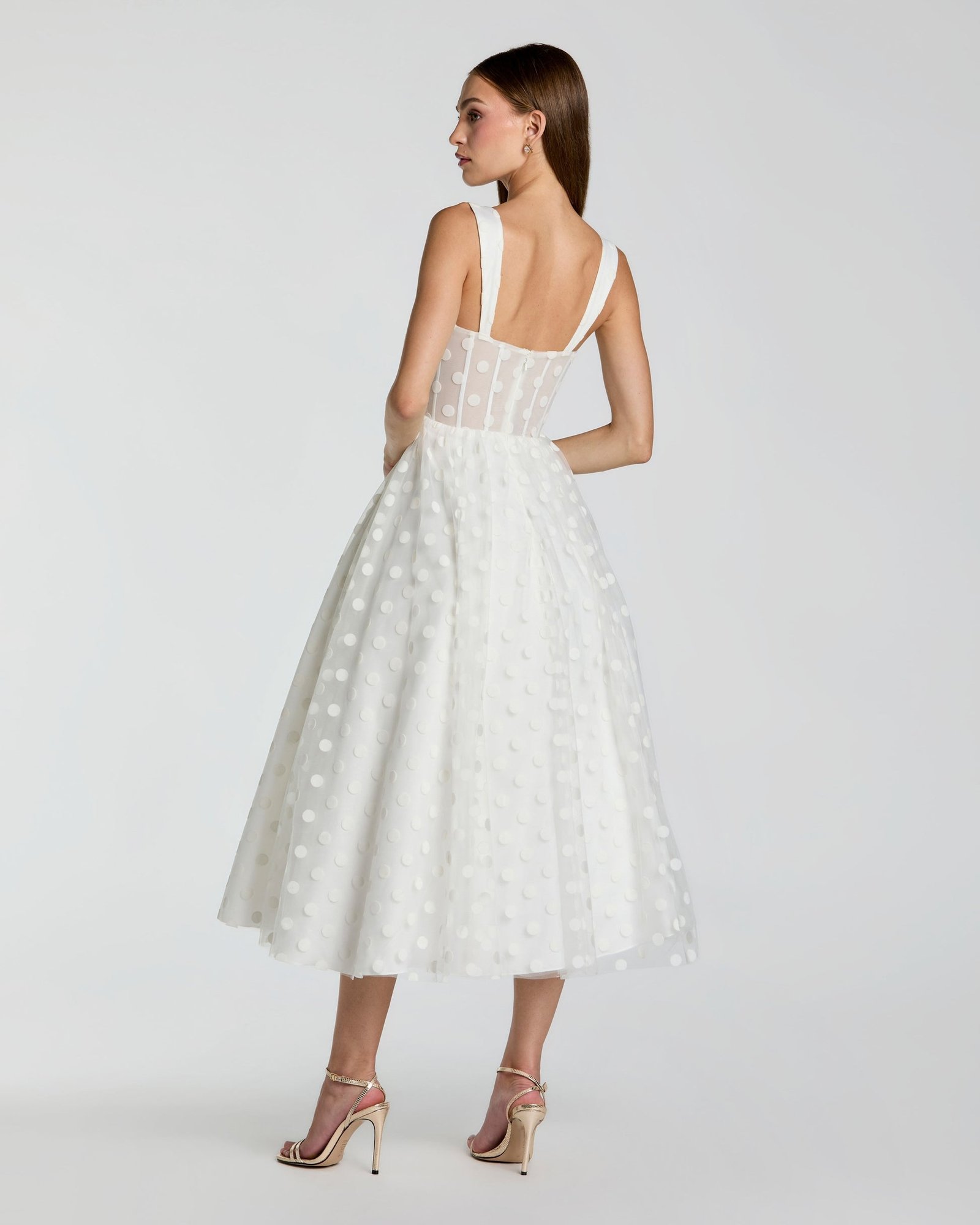 Ivory Polka Dot Tulle A-Line Midi Dress Ieena for Mac Duggal