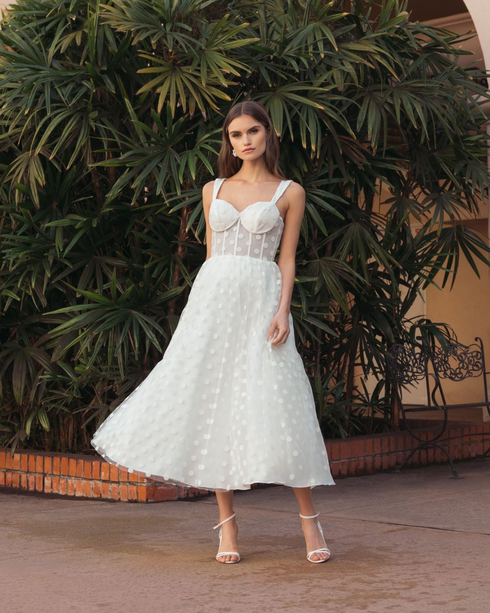 Ivory Polka Dot Tulle A-Line Midi Dress Ieena for Mac Duggal