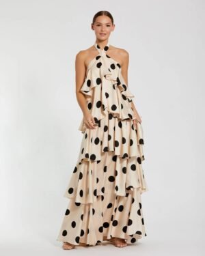 Beige Tiered Ruffle Polka Dot Charmeuse Gown - Ieena for Mac Duggal