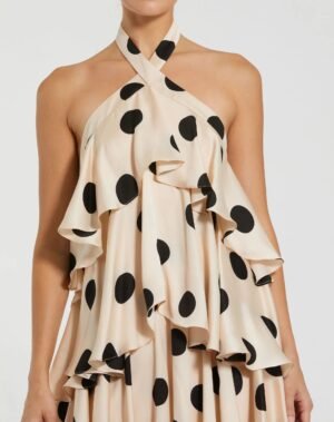 Beige Tiered Ruffle Polka Dot Charmeuse Gown - Ieena for Mac Duggal