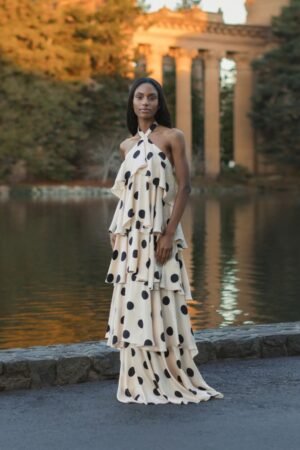 Beige Tiered Ruffle Polka Dot Charmeuse Gown - Ieena for Mac Duggal