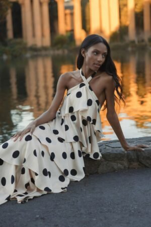 Beige Tiered Ruffle Polka Dot Charmeuse Gown - Ieena for Mac Duggal