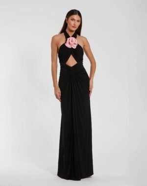 Black Jersey Crossover Halter Neck Gown With 3D Flower