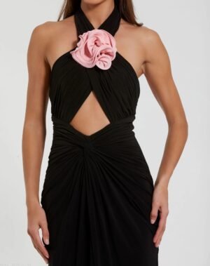 Black Jersey Crossover Halter Neck Gown With 3D Flower - Mac Duggal