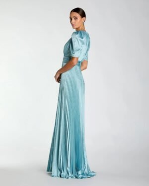 Blue Pleated Charmeuse Puff Sleeve Gown With Slit Ieena for Mac Duggal