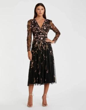Black Multicolor Floral Embroidered A-Line Cocktail Dress - Mac Duggal