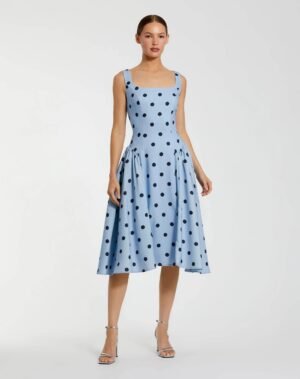 Blue Square Neck Crepe Polka Dot Fit and Flare Midi Dress - Mac Duggal