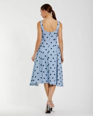 Blue Square Neck Crepe Polka Dot Fit and Flare Midi Dress Mac Duggal