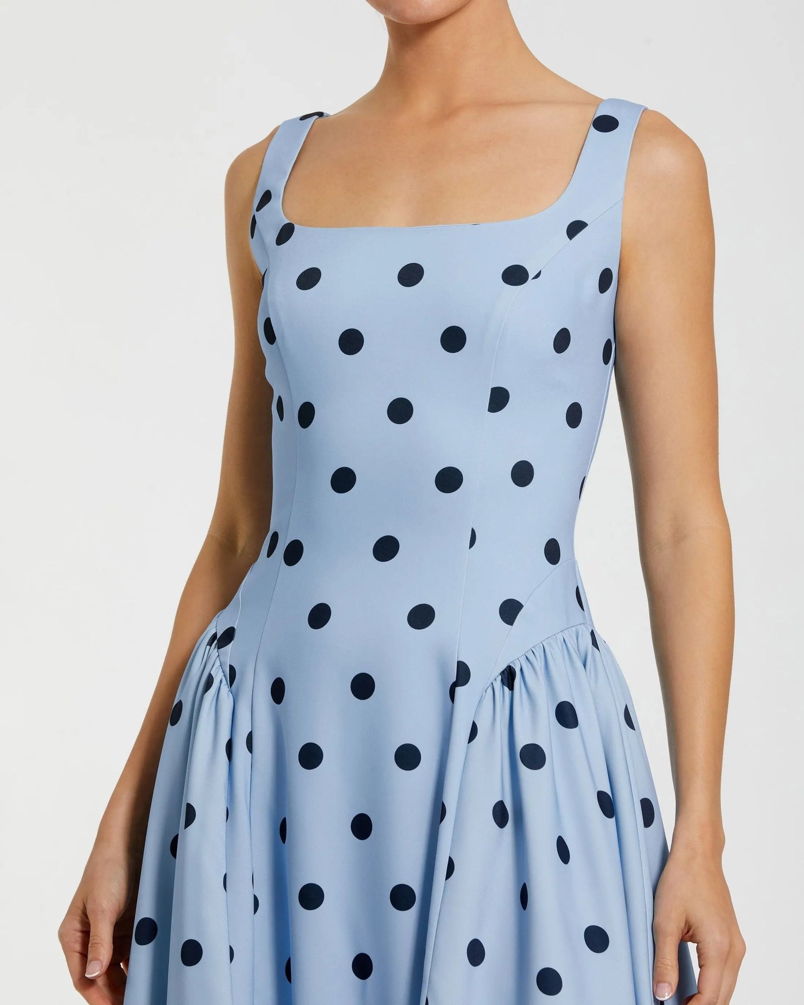 Blue Square Neck Crepe Polka Dot Fit and Flare Midi Dress Mac Duggal
