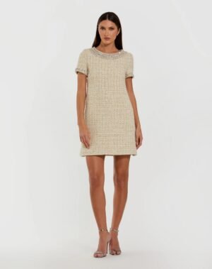 Ivory Short Sleeve Embellished Boucle Mini Dress