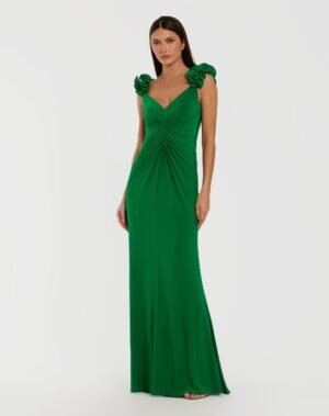 Green Sleeveless V-Neck Gown With Ruffled Straps