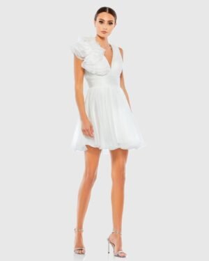 White Ruffle V Neck Fit & Flare Mini Dress