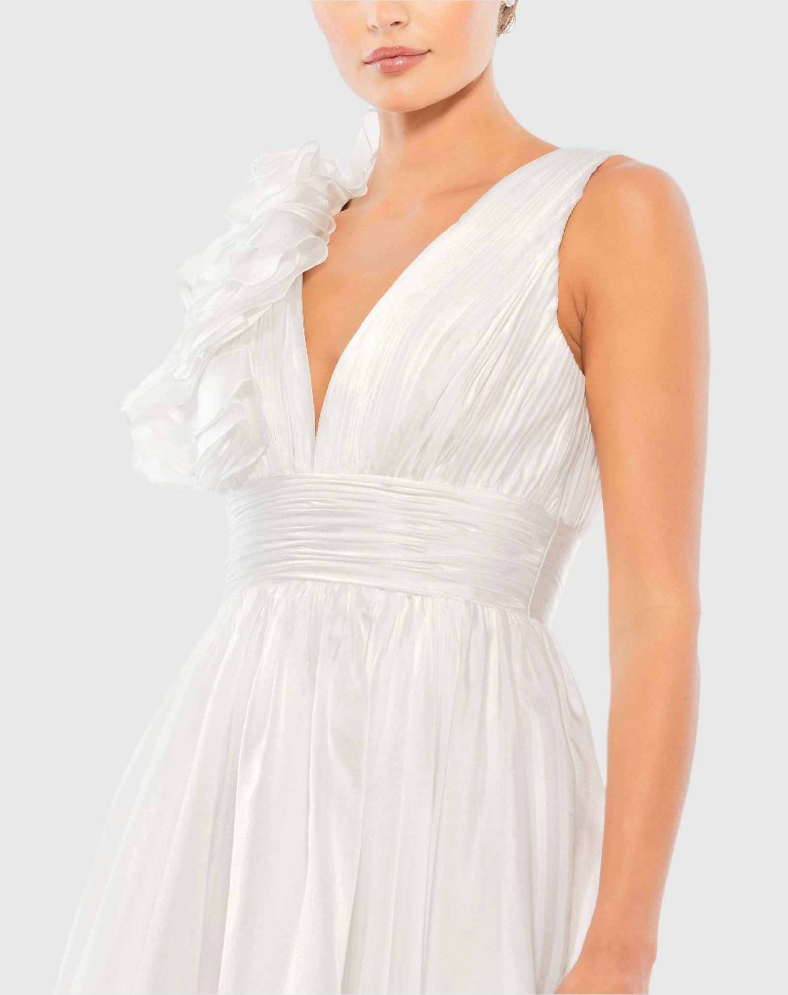 White Ruffle V Neck Fit & Flare Mini Dress - Ieena for Mac Duggal