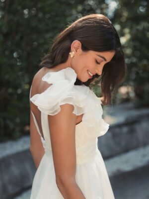 White Ruffle V Neck Fit & Flare Mini Dress - Ieena for Mac Duggal