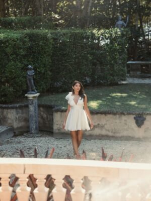 White Ruffle V Neck Fit & Flare Mini Dress - Ieena for Mac Duggal