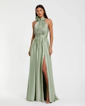 Green Soft Tie Halter Neck High Slit Gown Ieena for Mac Duggal