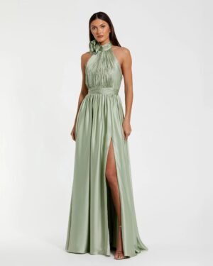 Green Soft Tie Halter Neck High Slit Gown