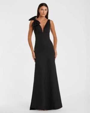 Black Sleeveless V Neck Bow Detail Mermaid Gown - Mac Duggal