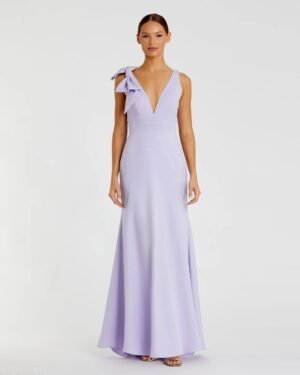 Purple Sleeveless V Neck Bow Detail Mermaid Gown Mac Duggal
