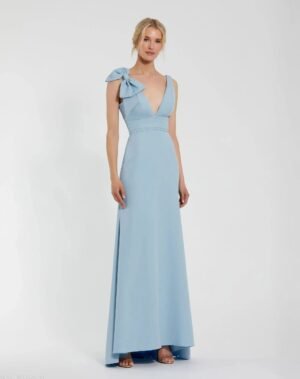 Blue Sleeveless V Neck Bow Detail Mermaid Gown - Mac Duggal
