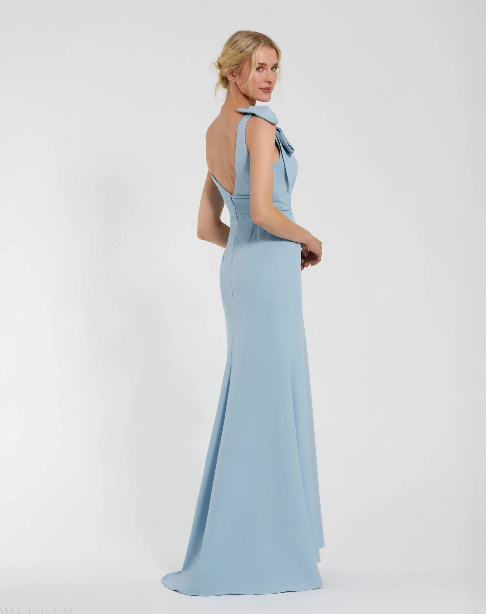 Blue Sleeveless V Neck Bow Detail Mermaid Gown - Mac Duggal