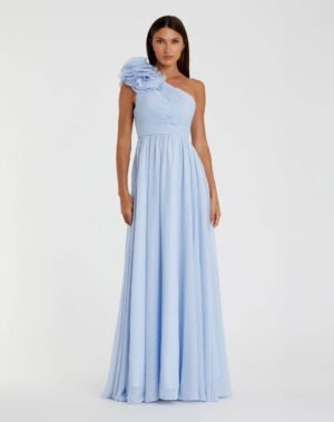 Blue One Shoulder Polka Dot Chiffon Gown With Ruffle Detail - Ieena for Mac Duggal