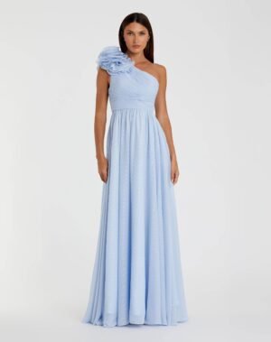 Blue One Shoulder Polka Dot Chiffon Gown With Ruffle Detail