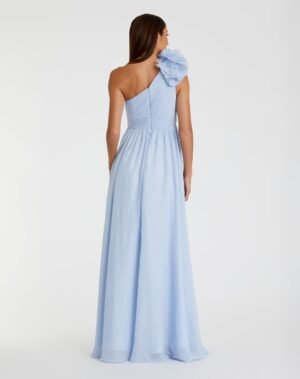 Blue One Shoulder Polka Dot Chiffon Gown With Ruffle Detail - Ieena for Mac Duggal
