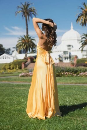 Yellow Ruched Halter Neck Tie Back Satin Gown - Mac Duggal