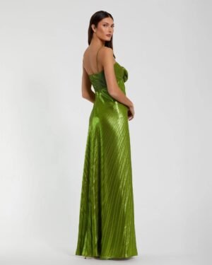 Green Metallic Pleated Gown with 3D Flower Ieena for Mac Duggal