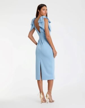 Blue Bow Strap Crepe Fitted Midi Dress - Ieena for Mac Duggal