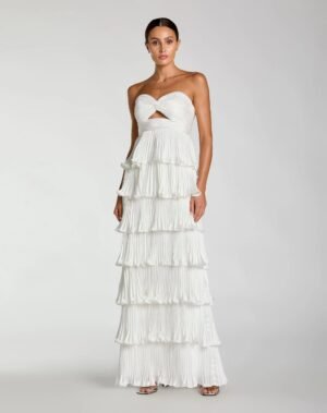 White Pleated Charmeuse Strapless Tiered Ruffle Gown - Ieena for Mac Duggal
