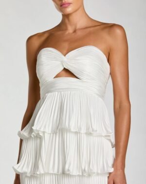 White Pleated Charmeuse Strapless Tiered Ruffle Gown - Ieena for Mac Duggal