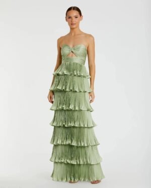 Green Pleated Charmeuse Strapless Tiered Ruffle Gown - Ieena for Mac Duggal